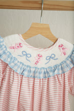 Load image into Gallery viewer, Pink candy cane bow hand smocked ruffle romper
