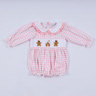 Pink gingerbread hand smocked gingham ruffle bubble
