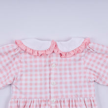 Load image into Gallery viewer, Pink gingerbread hand smocked gingham ruffle bubble
