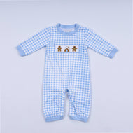 Blue gingerbread hand smocked gingham romper