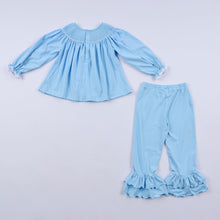 Load image into Gallery viewer, Blue nativity hand smocked ruffle pants set
