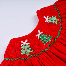 Load image into Gallery viewer, Red christmas tree hand smocked romper
