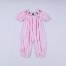 Load image into Gallery viewer, Pink christmas tree hand smocked ruffle romper
