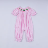 Pink christmas tree hand smocked ruffle romper