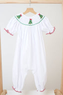 White chrismtas tree hand smocked girl romper