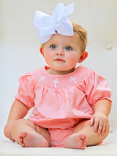 Load image into Gallery viewer, CORAL Smocked Church Christ Bishop Christening Girls Romper
