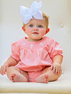 CORAL Smocked Church Christ Bishop Christening Girls Romper