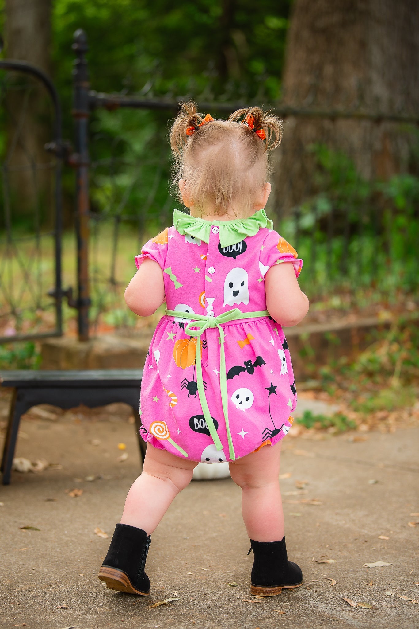 Boo! Pink Knit Halloween Print Bubble with Lime Green Ruffle Collar