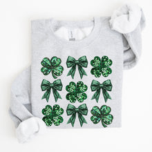 Load image into Gallery viewer, Sparkly Clover, Shamrock, Faux Sequins, Bow, Coquette, Lucky, Irish, Lucky Charm, St Patrick&#39;s Day Sweatshirt
