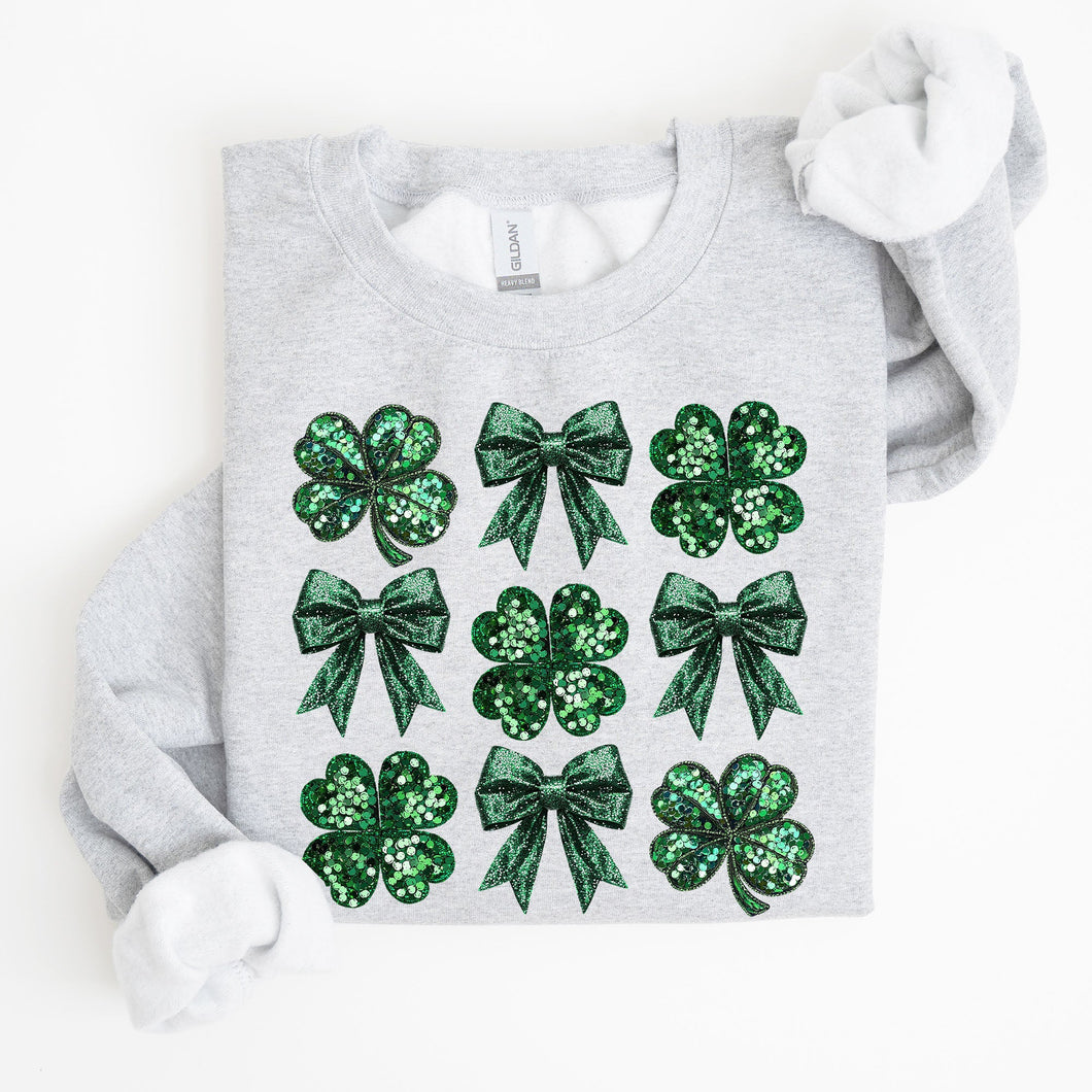 Sparkly Clover, Shamrock, Faux Sequins, Bow, Coquette, Lucky, Irish, Lucky Charm, St Patrick's Day Sweatshirt