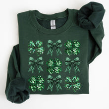 Load image into Gallery viewer, Sparkly Clover, Shamrock, Faux Sequins, Bow, Coquette, Lucky, Irish, Lucky Charm, St Patrick&#39;s Day Sweatshirt

