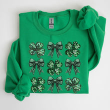 Load image into Gallery viewer, Sparkly Clover, Shamrock, Faux Sequins, Bow, Coquette, Lucky, Irish, Lucky Charm, St Patrick&#39;s Day Sweatshirt
