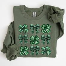 Load image into Gallery viewer, Sparkly Clover, Shamrock, Faux Sequins, Bow, Coquette, Lucky, Irish, Lucky Charm, St Patrick&#39;s Day Sweatshirt
