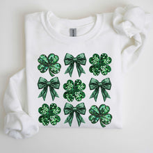 Load image into Gallery viewer, Sparkly Clover, Shamrock, Faux Sequins, Bow, Coquette, Lucky, Irish, Lucky Charm, St Patrick&#39;s Day Sweatshirt
