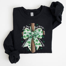 Load image into Gallery viewer, All Things Are Possible, Matthew 19:26, Christian, Coquette, Bow, Lucky, Shamrock, Lucky Charm, Irish, Retro, St Patrick&#39;s Day Sweatshirt

