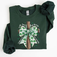 Load image into Gallery viewer, All Things Are Possible, Matthew 19:26, Christian, Coquette, Bow, Lucky, Shamrock, Lucky Charm, Irish, Retro, St Patrick&#39;s Day Sweatshirt
