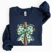 Load image into Gallery viewer, All Things Are Possible, Matthew 19:26, Christian, Coquette, Bow, Lucky, Shamrock, Lucky Charm, Irish, Retro, St Patrick&#39;s Day Sweatshirt
