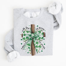 Load image into Gallery viewer, All Things Are Possible, Matthew 19:26, Christian, Coquette, Bow, Lucky, Shamrock, Lucky Charm, Irish, Retro, St Patrick&#39;s Day Sweatshirt
