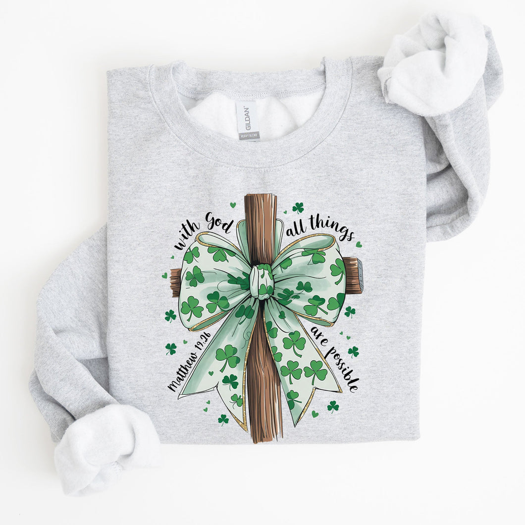 All Things Are Possible, Matthew 19:26, Christian, Coquette, Bow, Lucky, Shamrock, Lucky Charm, Irish, Retro, St Patrick's Day Sweatshirt