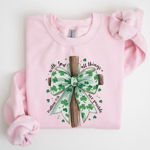 Load image into Gallery viewer, All Things Are Possible, Matthew 19:26, Christian, Coquette, Bow, Lucky, Shamrock, Lucky Charm, Irish, Retro, St Patrick&#39;s Day Sweatshirt
