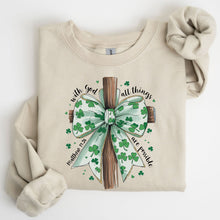 Load image into Gallery viewer, All Things Are Possible, Matthew 19:26, Christian, Coquette, Bow, Lucky, Shamrock, Lucky Charm, Irish, Retro, St Patrick&#39;s Day Sweatshirt
