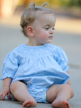 Load image into Gallery viewer, Girls Cross Smocking Embroidered Blue Romper
