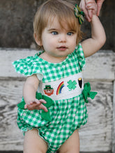 Load image into Gallery viewer, St. Patrick's Day Shamrock Smocking Embroidered Plaid Baby Girls Romper
