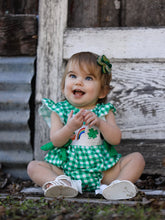 Load image into Gallery viewer, St. Patrick's Day Shamrock Smocking Embroidered Plaid Baby Girls Romper
