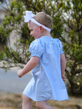 Load image into Gallery viewer, Girls Cross Smocking Embroidered Blue Dress
