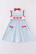 Blue flag embroidery gingham dress