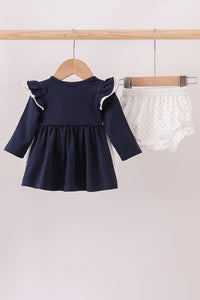Navy christmas santa claus embroidery ruffle bloomer set