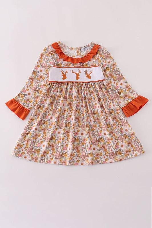 Rust flroal print deer embroidery ruffle dress - Abbies Place