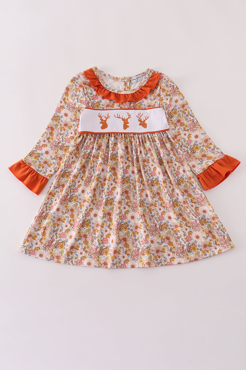 Rust floral print deer embroidery ruffle dress