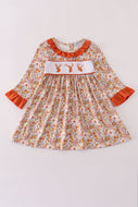 Rust floral print deer embroidery ruffle dress