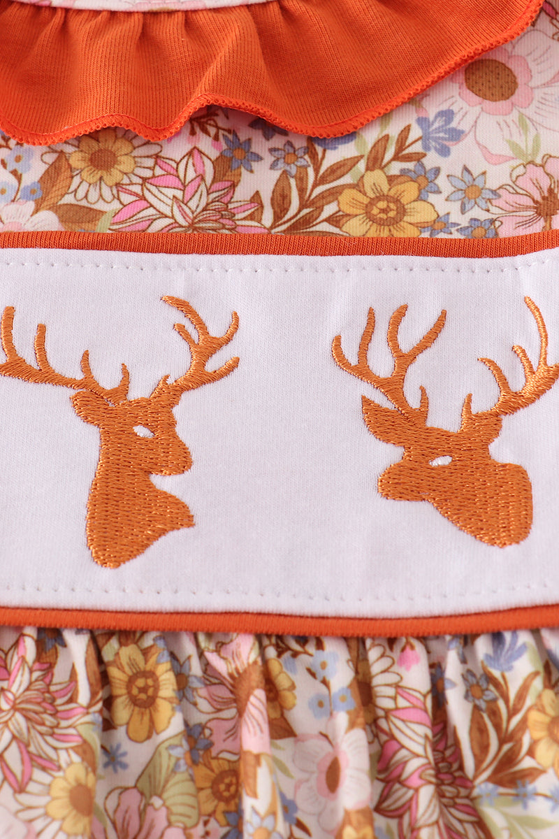 Rust flroal print deer embroidery ruffle dress - Abbies Place