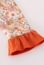 Load image into Gallery viewer, Rust floral print deer embroidery ruffle dress

