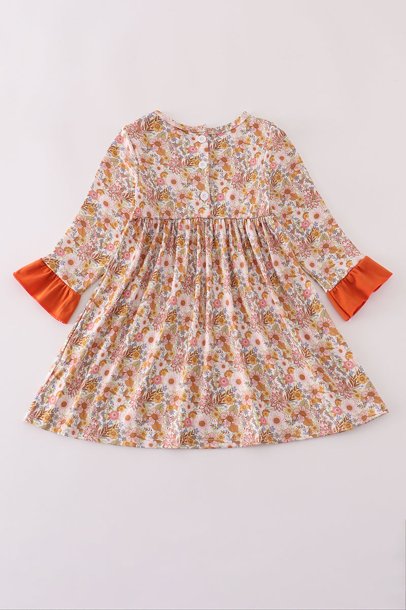 Rust flroal print deer embroidery ruffle dress - Abbies Place