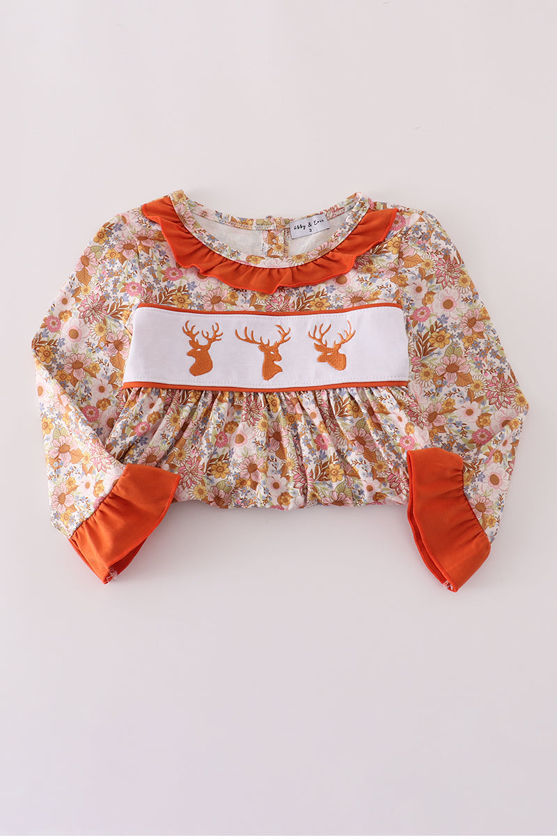 Rust flroal print deer embroidery ruffle dress - Abbies Place