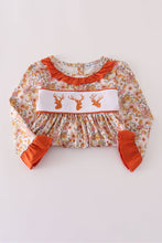 Load image into Gallery viewer, Rust floral print deer embroidery ruffle dress
