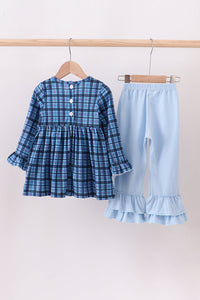 Navy nativity embroidery plaid ruffle pants set