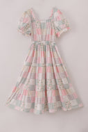 Pastel patchwork garden print tiered mom dress