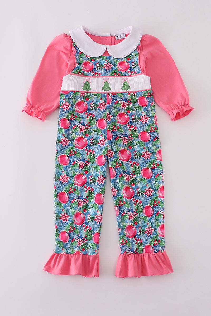 Blue christmas tree smocked ruffle jumpsuit set - Abbies Place