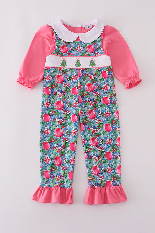 Blue christmas tree smocked ruffle jumpsuit set - Abbies Place