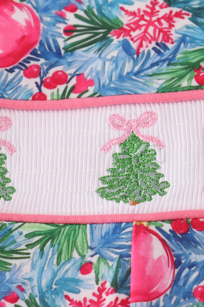 Blue christmas tree smocked ruffle jumpsuit set - Abbies Place