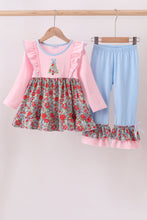 Load image into Gallery viewer, Pink christmas tree applique ruffle dress set
