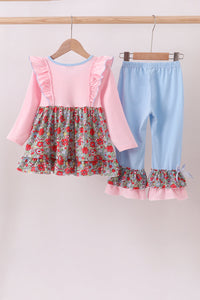 Pink christmas tree applique ruffle dress set
