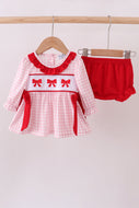 Pink bow embroidery gingham ruffle bloomer set