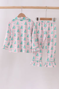 Pink christmas tree ruffle pajama set