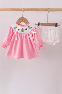 Pink christmas tree smocked bloomer set