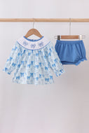Blue bow smocked bloomer set